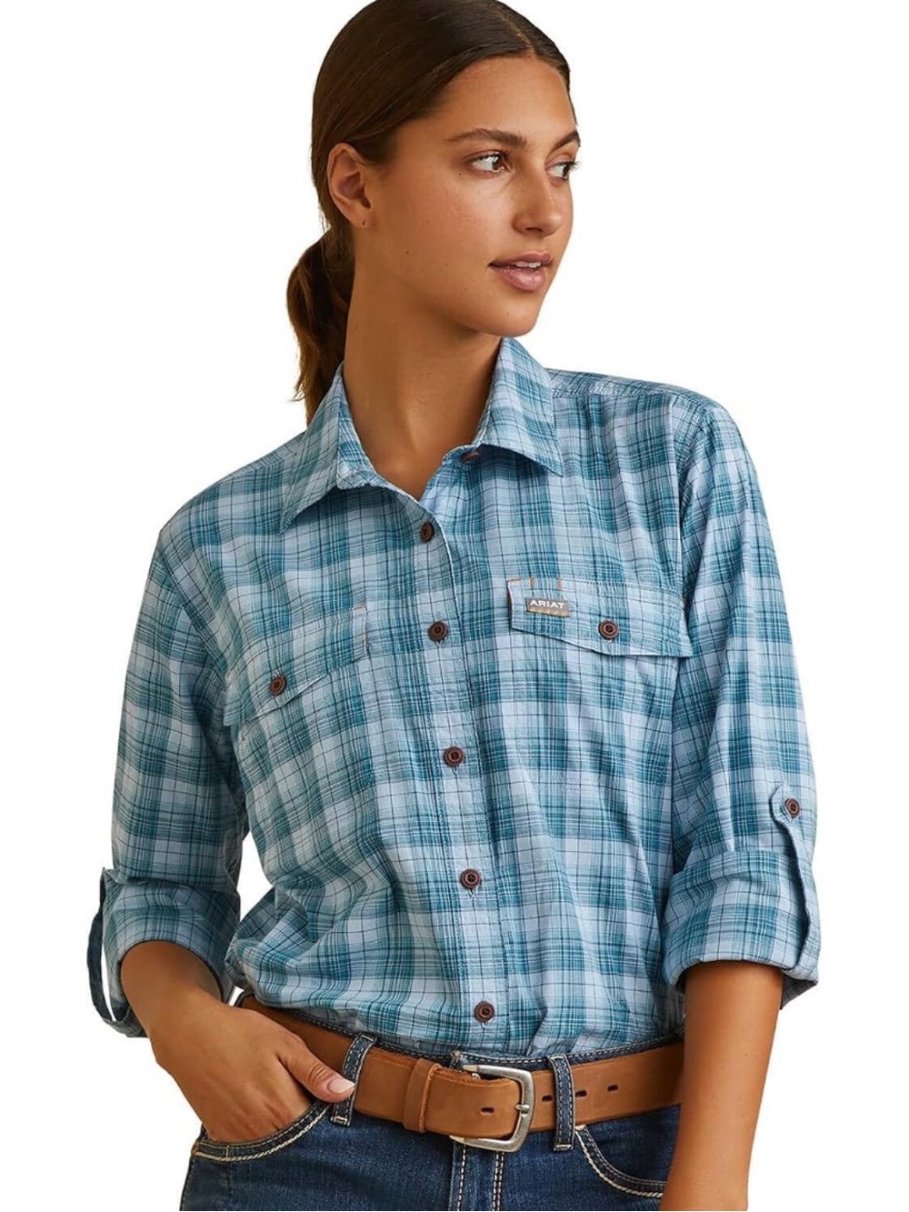 Ariat Rebar Teal Blue Plaid Button-Down Shirt Womens Large